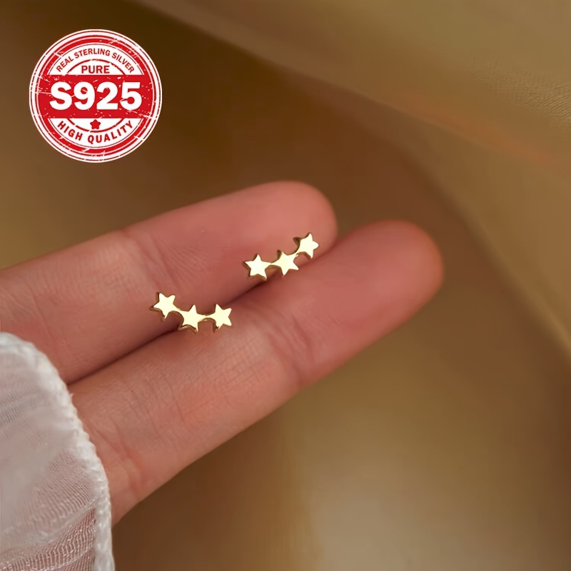 Minimalist 925 Silver Stud Earrings with Three Small Stars