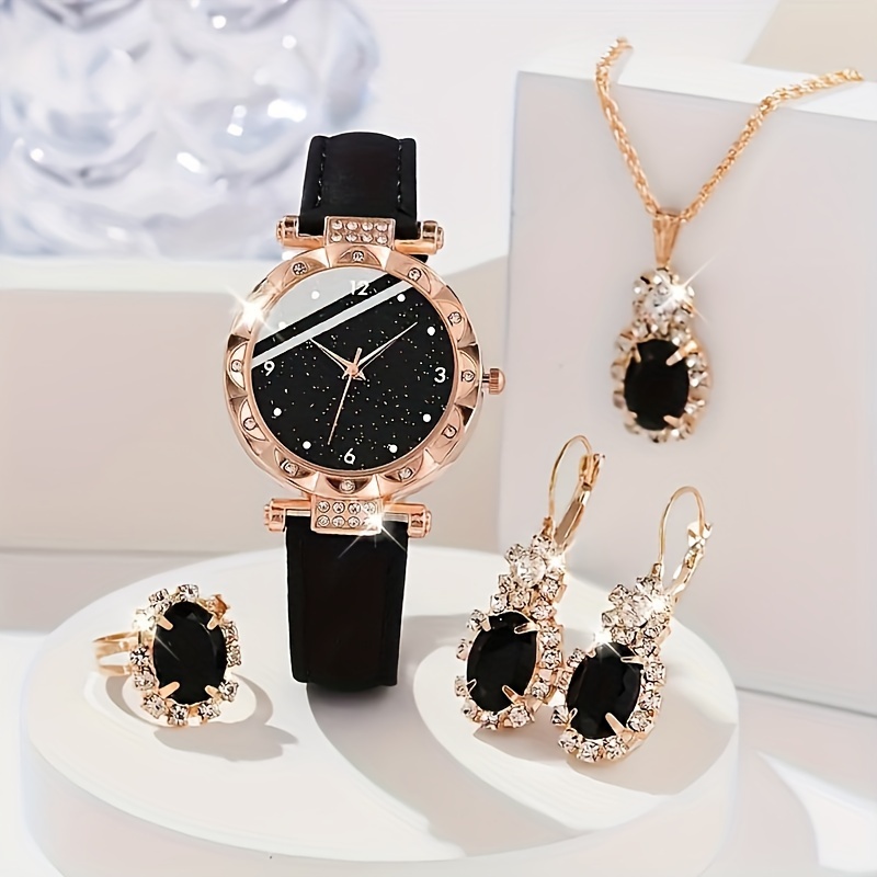 

5pcs/set Women's Shiny Rhinestone Quartz Watch Analog Pu Leather Wrist Watch & Jewelry Set, Gift For Mom Her