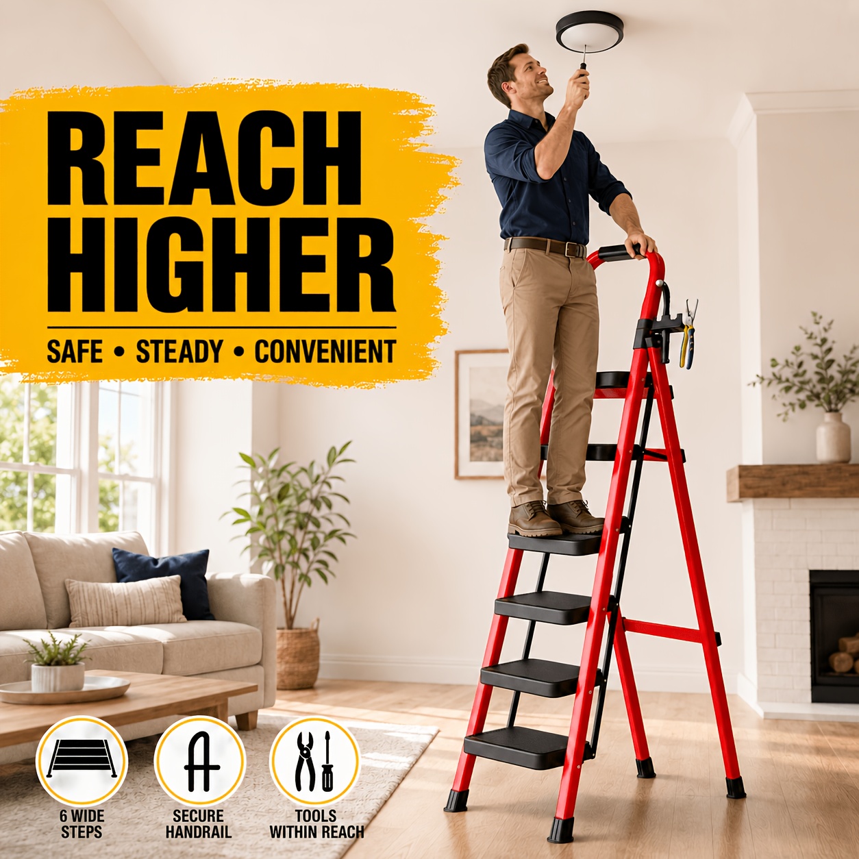 TEMU 500 Lbs Heavy-duty Folding Step Ladder, 3/5/6-step Steel Ladder With Safety Handrail, Wide Non-slip Pedals, Portable For Home, Kitchen, And