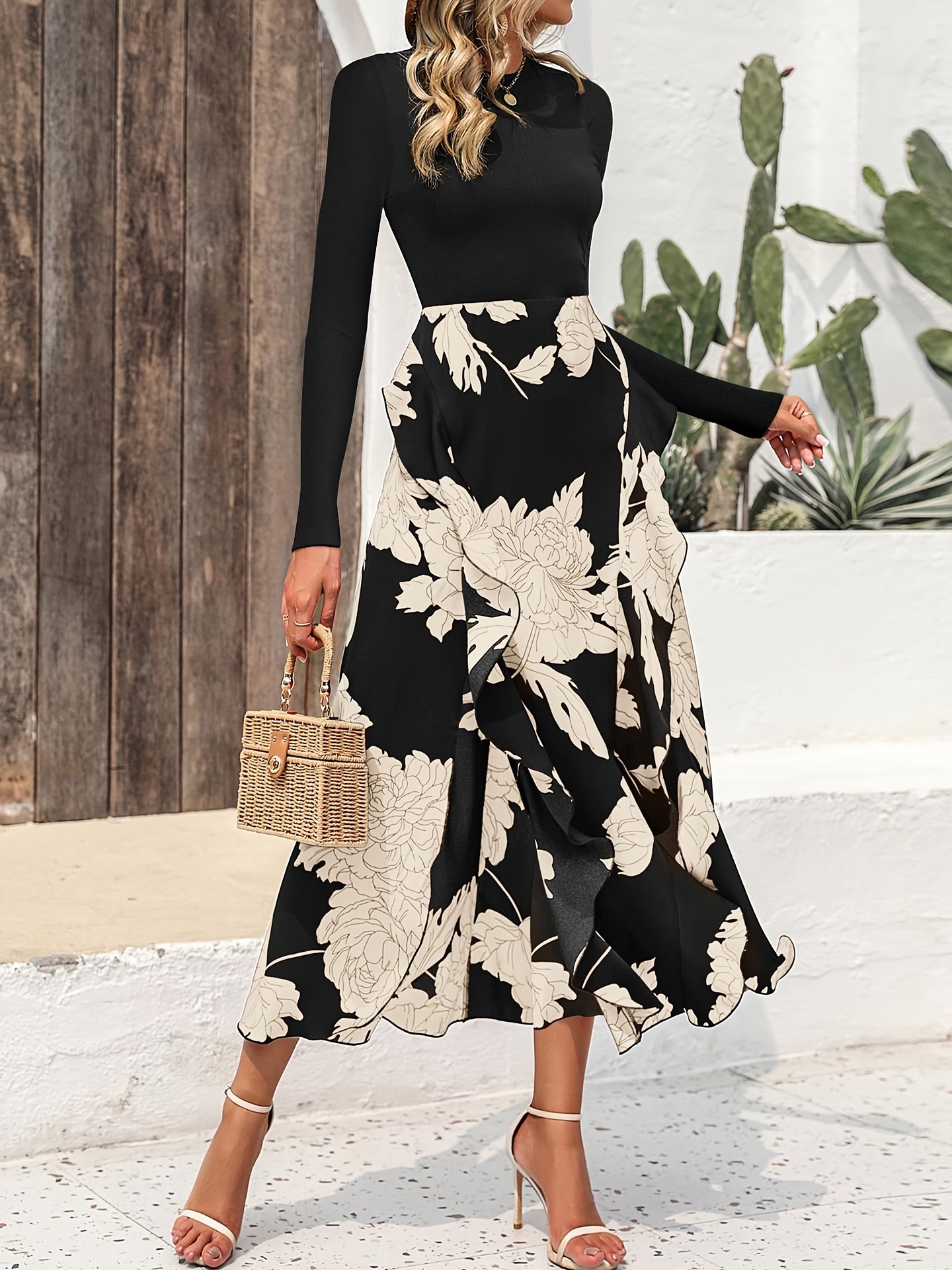 Women'S Elegant Floral maxi dress - Long Sleeve A-Line Formal & casual party gown, Black & Floral Print, for Weddings, Cocktail Events, Everyday Outfits - ZD0529107, Dresses for Wedding Guest, Wedding Guest Attire, Round Neckline, Flowy Skirt Style, Evening Wear, Lightweight Fabric, Bridal Guest Outfit