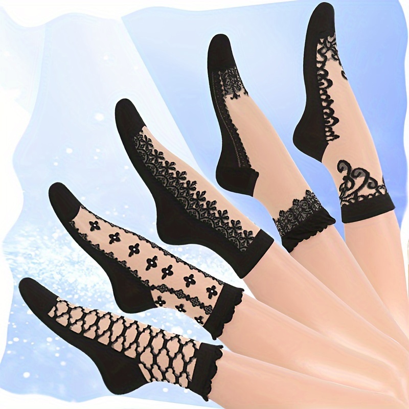 

5 Pairs Sheer Mesh Transparent Socks, Lightweight & Breathable Ruffle Mid Tube Socks, Women's Stockings & Hosiery