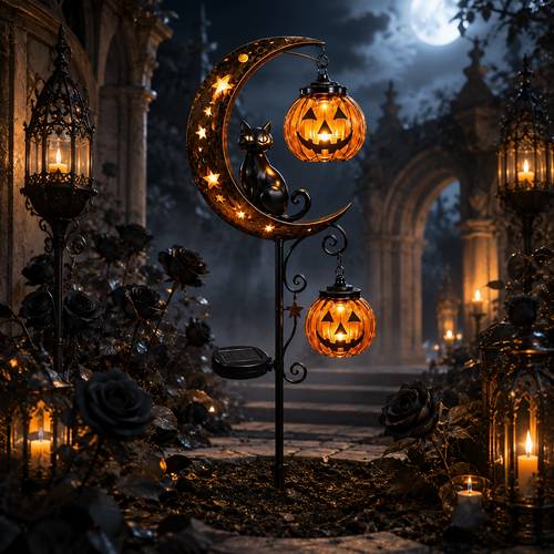 item picture 3d halloween solar garden plug in light crescent black cat double pumpkin lantern led small street light automatic switch warm light horror glow jack courtyard lawn terrace decoration rustic wrought iron weathering outdoor decorations