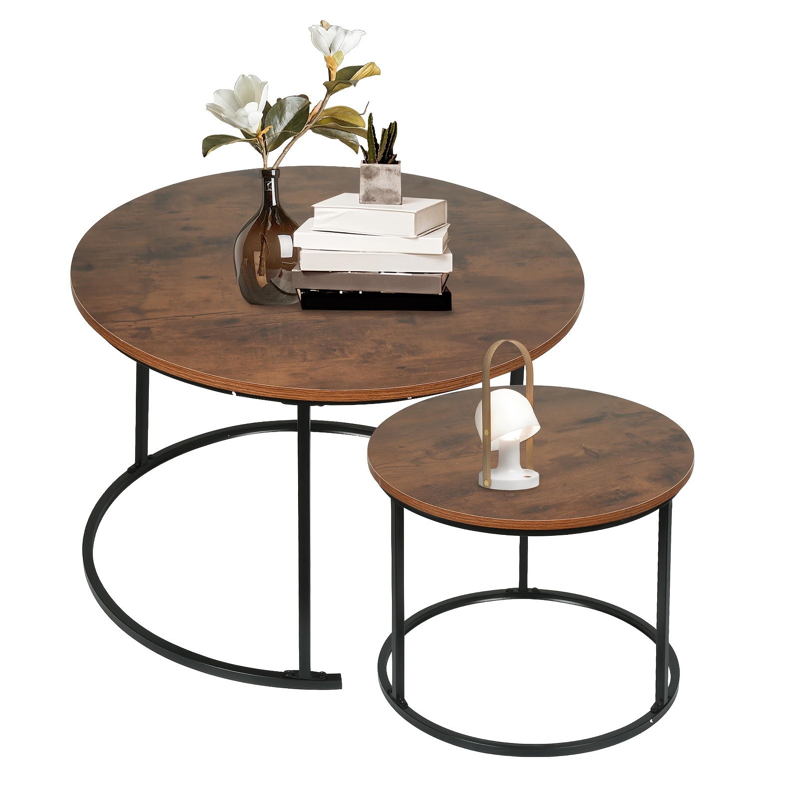 Image of 2pcs Nesting Coffee Table, Round Side Table, Industrial Style, Coffee Table, Suitable For Living Room, Bedroom, Balcony