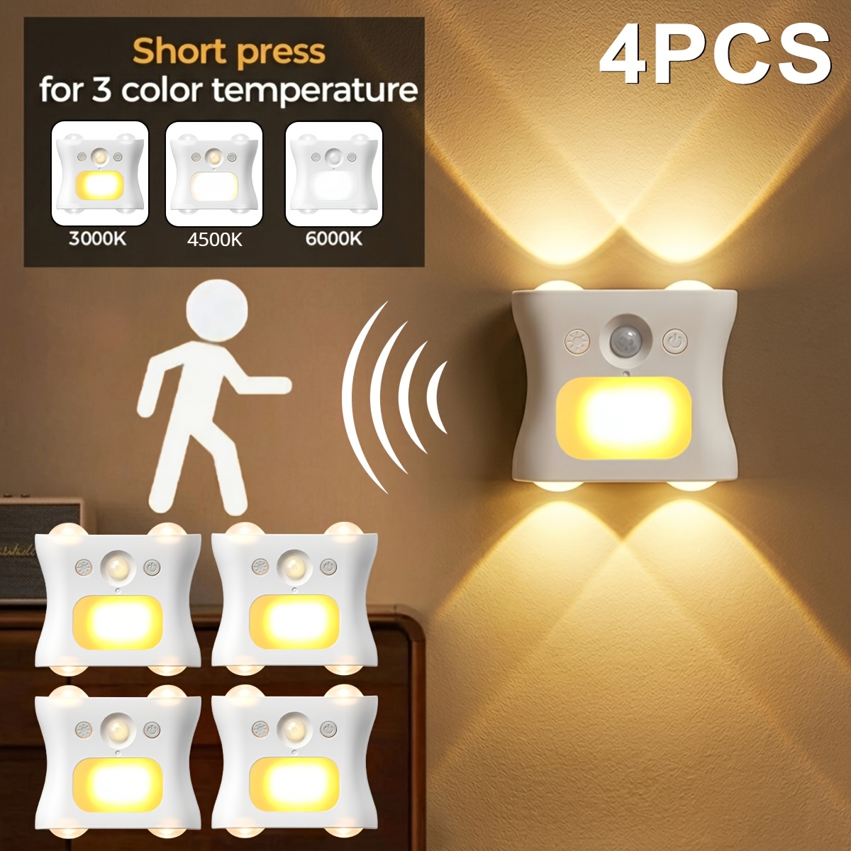 TEMU 1/2/4pcs Rgb Motion Sensor Wall Light, Usb Rechargeable Magnetic Led Night Light, With Remote Control, 1800mah, 4-head Projection Lamp With