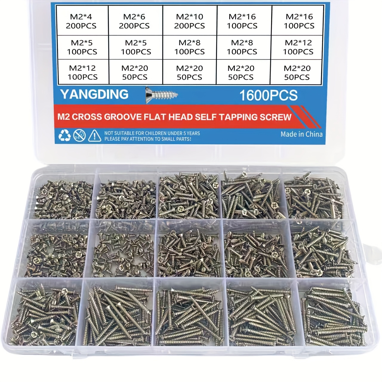 TEMU 1600pcs M2 Mini Self Tapping Screw Combination Kit, Nickel Plated Carbon Steel Cross Small Screws, Sizes 4mm -20mm, Suitable For Woodworking And