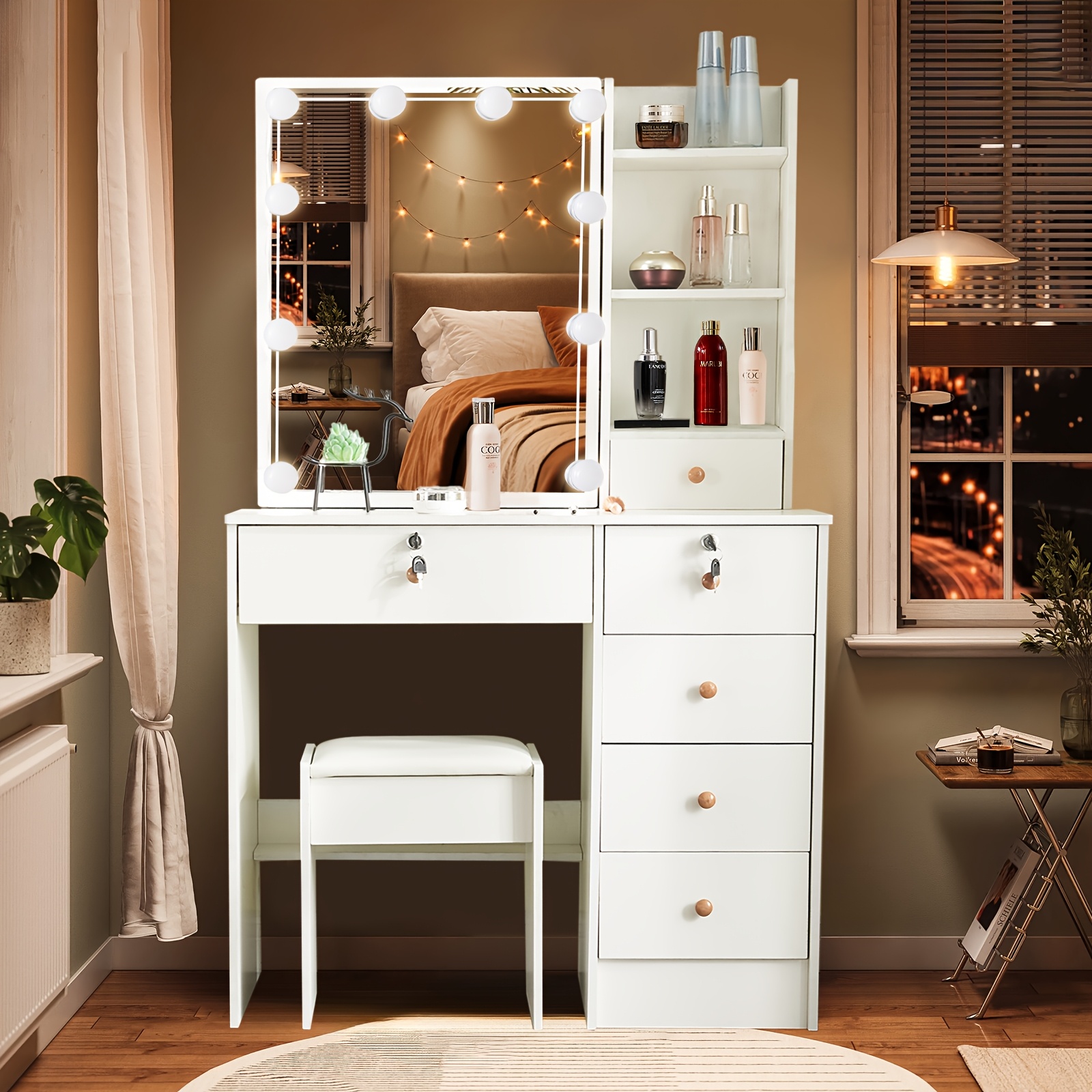 Stylish Lighted Vanity Set with Hollywood Mirror & Ample Storage