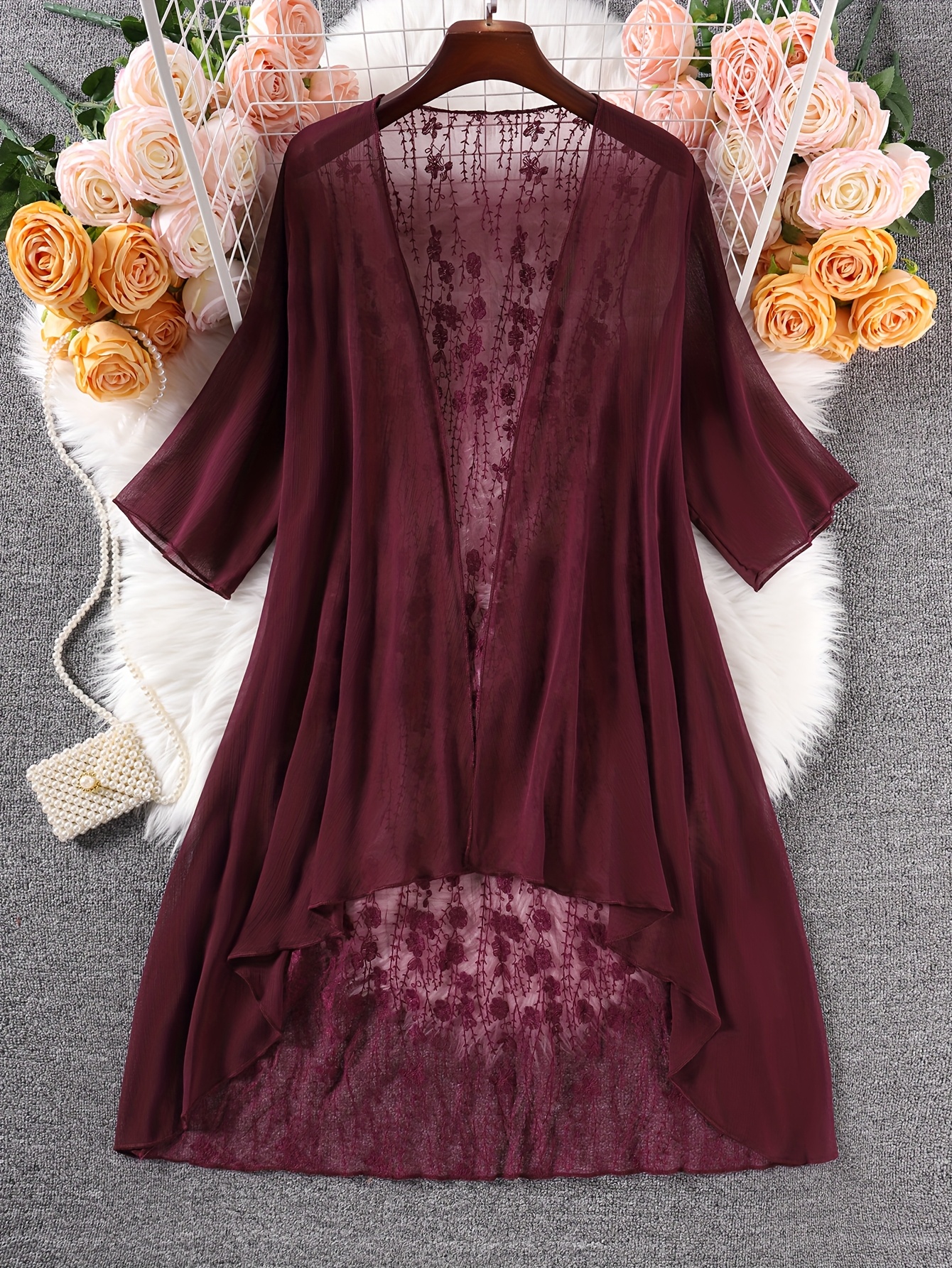 Elegant Plus-Size Coral Chiffon Kimono Cardigan with Lace Detailing - Sheer Half-Sleeve Beach Cover-Up, Machine Washable