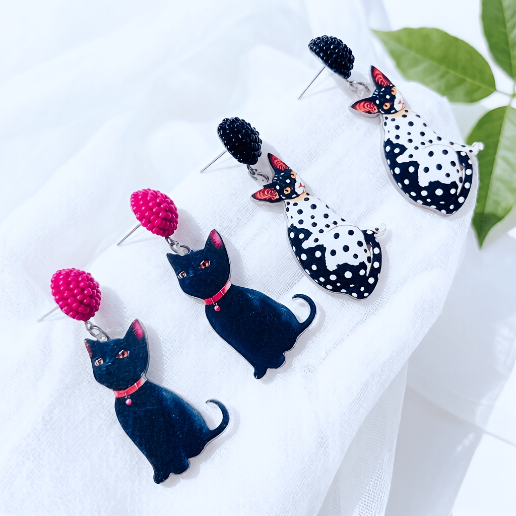 Handmade Cute Y2K Black and White Polka Dot Cat-Shaped Earrings