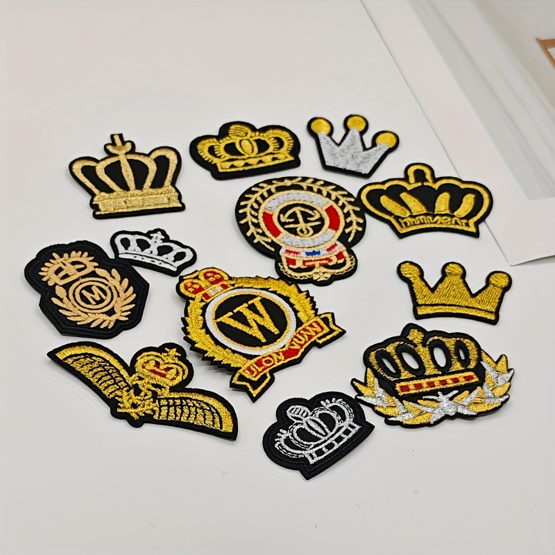 

12pcs Crown-themed Iron-on Patches, Assorted Colors (white, Black, ), Fashion Badge For , Dress, Jeans, Hats, Bags Repair And Decoration