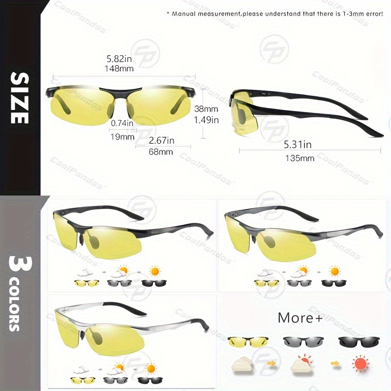 Men's Aluminum Magnesium Frame Photochromic Polarized Casual Driving Day Night Vision Glasses, Yellow Lens Anti-Glare Driver Goggles,Googles Sun