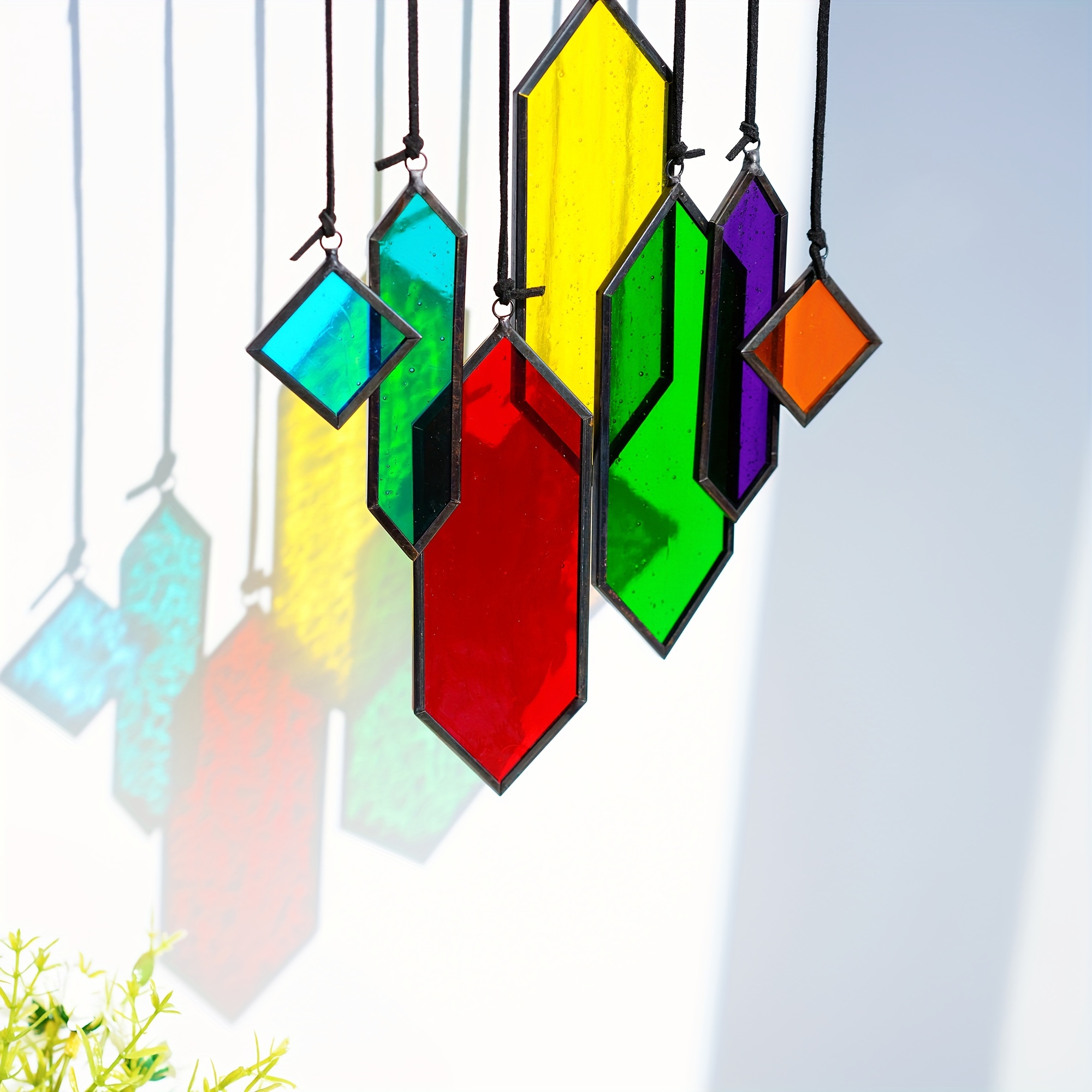 

7 Pcs Handcrafted Suncatchers: Multi-color Stained Glass Hanging Ornaments - Art Glass Window Hangings With Modern Design For Home Garden Decor, Perfect For Wedding Occasions - Hd Living