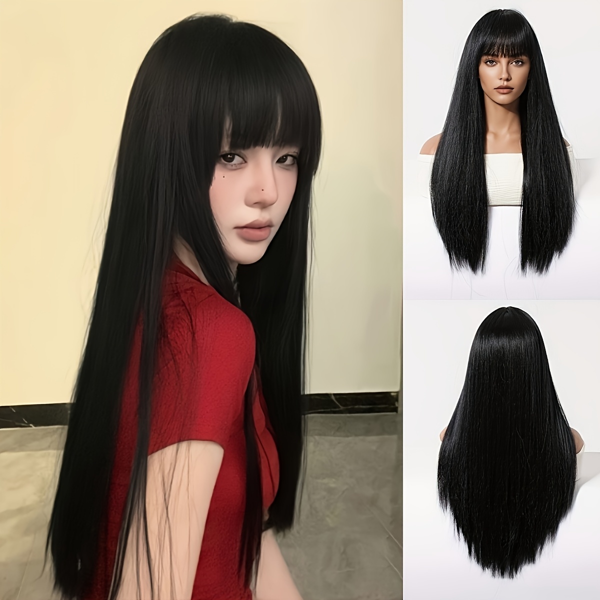 Image of Elegant 26-inch Black Long Straight Hair Wig, Heat-resistant Fiber, With Full Bangs Design, , Women's Wig, Suitable For Daily Wear, Parties, Role-playing, And Halloween Fashion Wig
