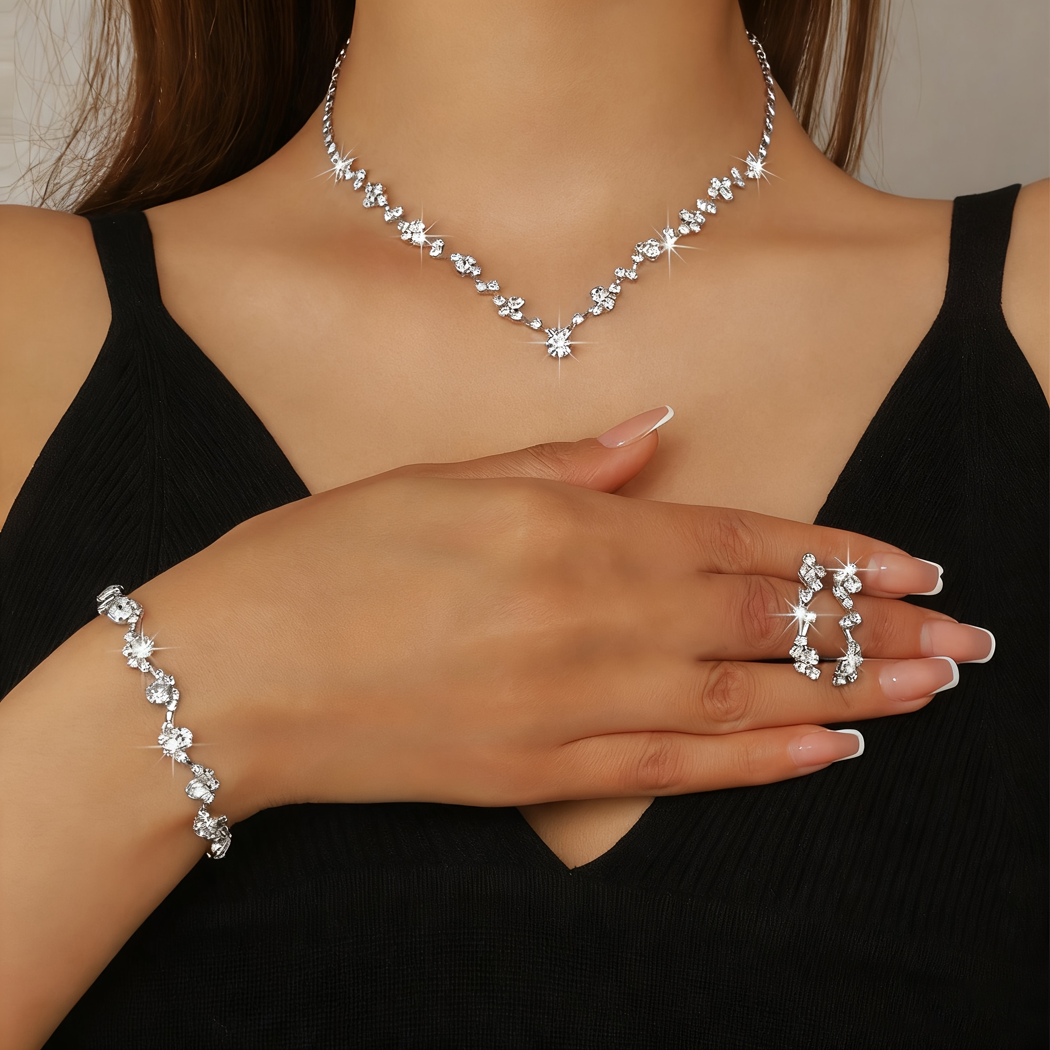 TEMU 4pcs Silvery Plated Elegant Fashion Wedding Jewelry Set, Necklace Earrings Bracelet Rhinestone Bridal Jewelry Set, Suitable For Bride Bridesmaid