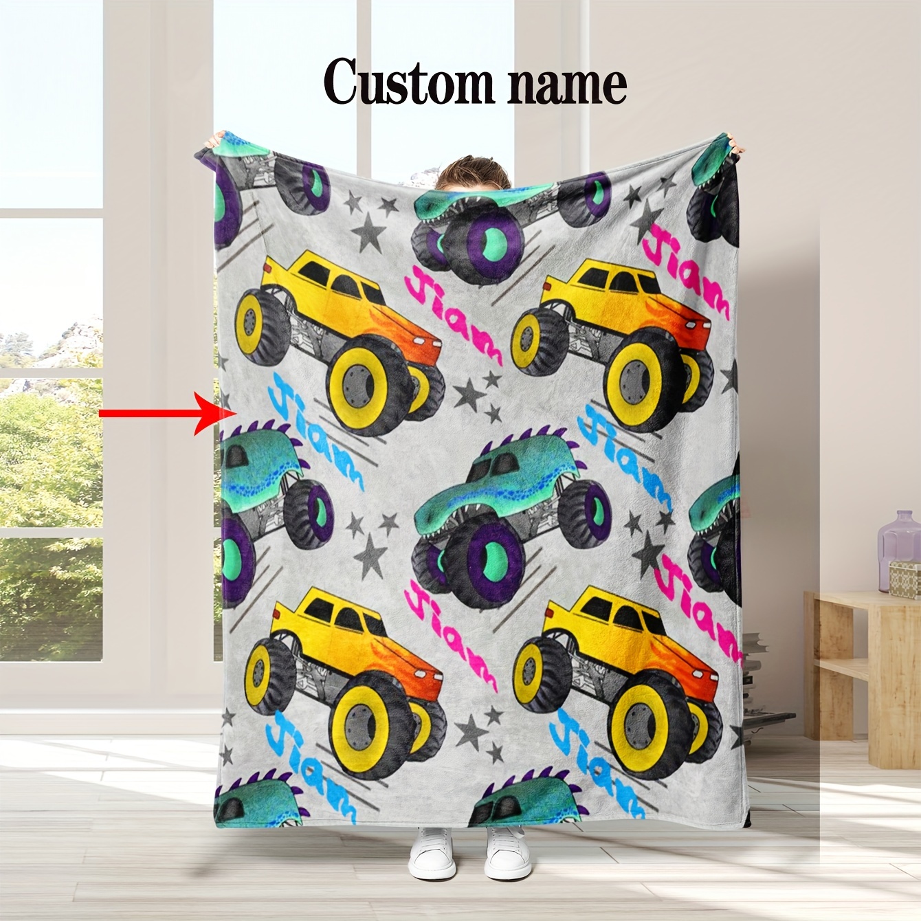 

Personalized Monster Truck Flannel Fleece Blanket, Custom Name -road Vehicle Design, Soft Reversible Multipurpose Throw For Boys, Girls, Friends - , Machine Washable