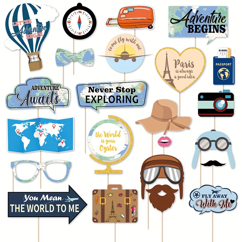 

25-piece Adventure Awaits & Let The Adventure Begin Photo Booth Props Set - Perfect For Beach Parties, Travel Decorations & Voyage Around The