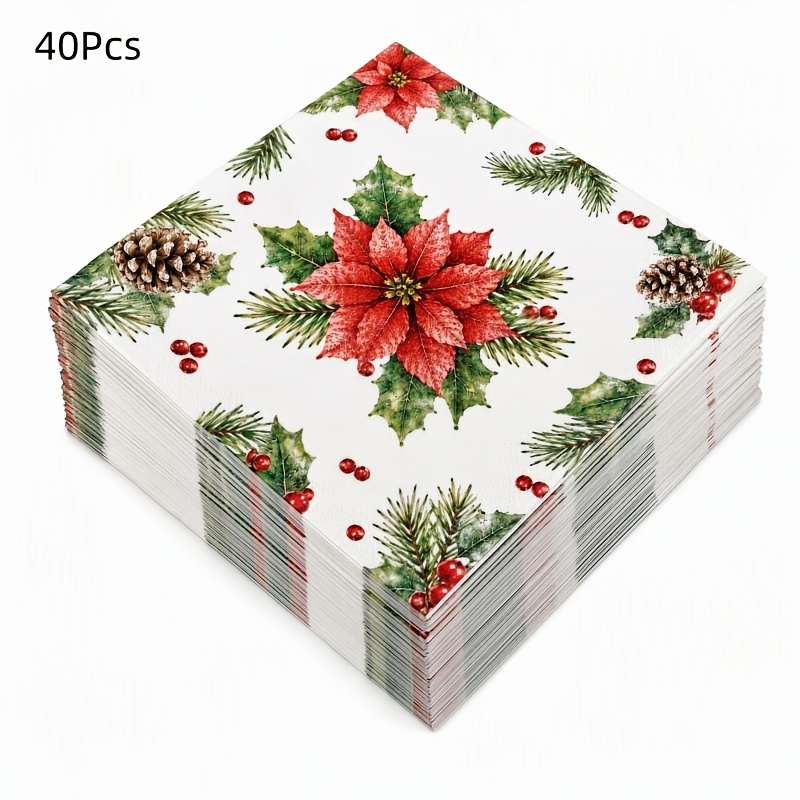 TEMU 40pcs Christmas Paper Napkins, Poinsettia Print, 2-ply Thick Disposable Table Napkins For Xmas Dinner, Party, Festive Table Setting, Great For