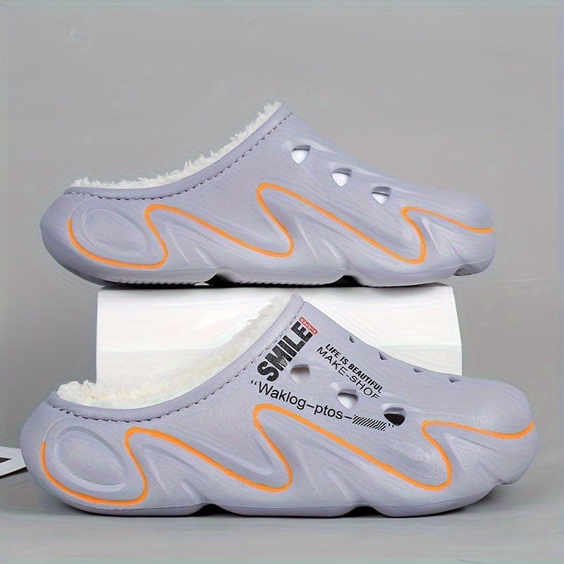 Men's Winter Clogs with Fleece Lining - Warm, High Quality, Non-Slip EVA Sole, Black & Orange Design, Indoor/Outdoor Use, Large Size Options, Indoor Footwear | Casual Slipon | Durable Traction Footwear