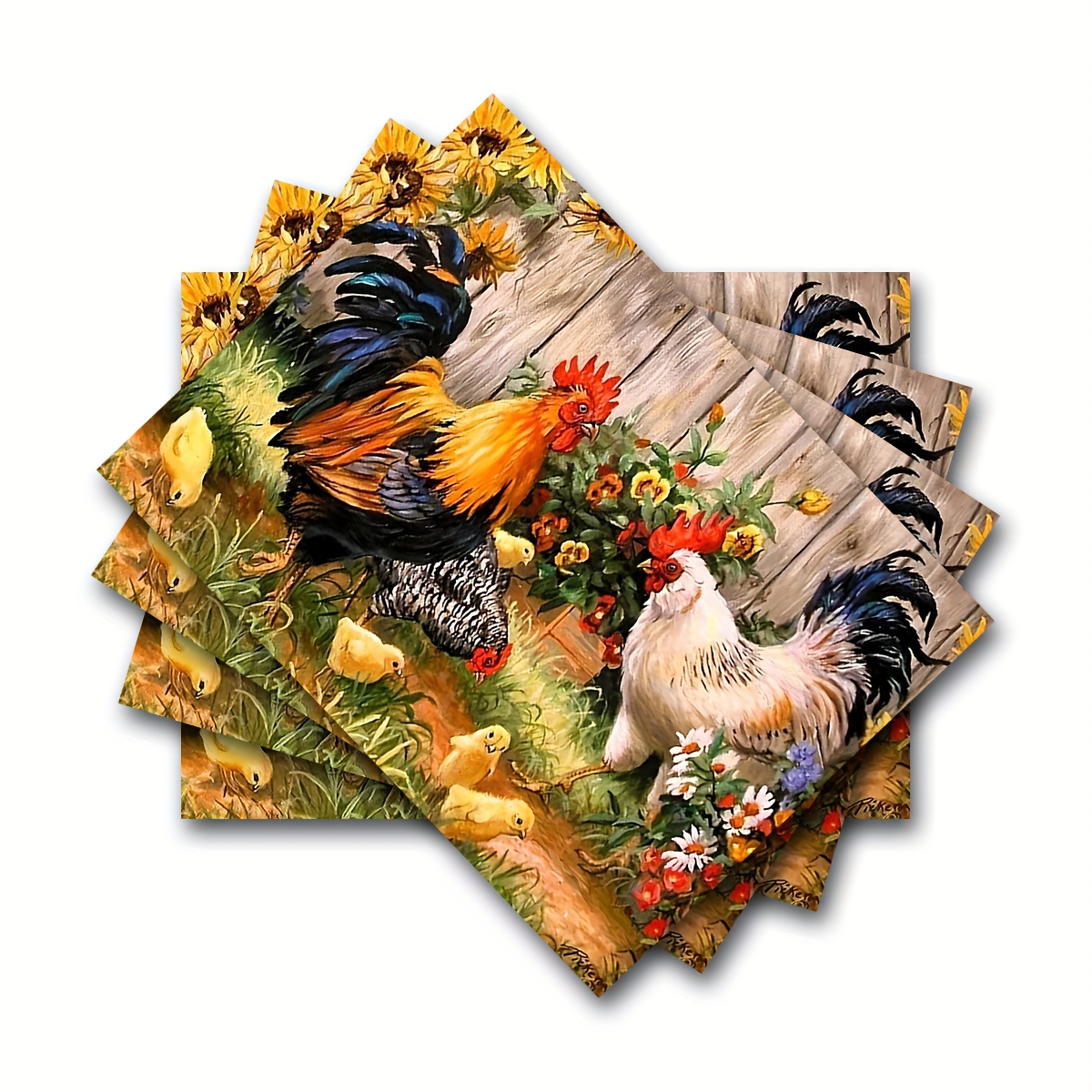 

4pcs, Table Pads, Rooster Hen And Chickens Printed Placemats Set, Pvc Roosters Table Mats, Non-slip Heat Resistant Chicken Place Mats