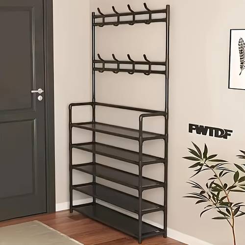 23 62 inch 172cm 5 tier multi functional storage rack with 8 double hooks multi functional clothes hanger and shoe rack self assembly shoe rack storage box for living room bathroom hallway