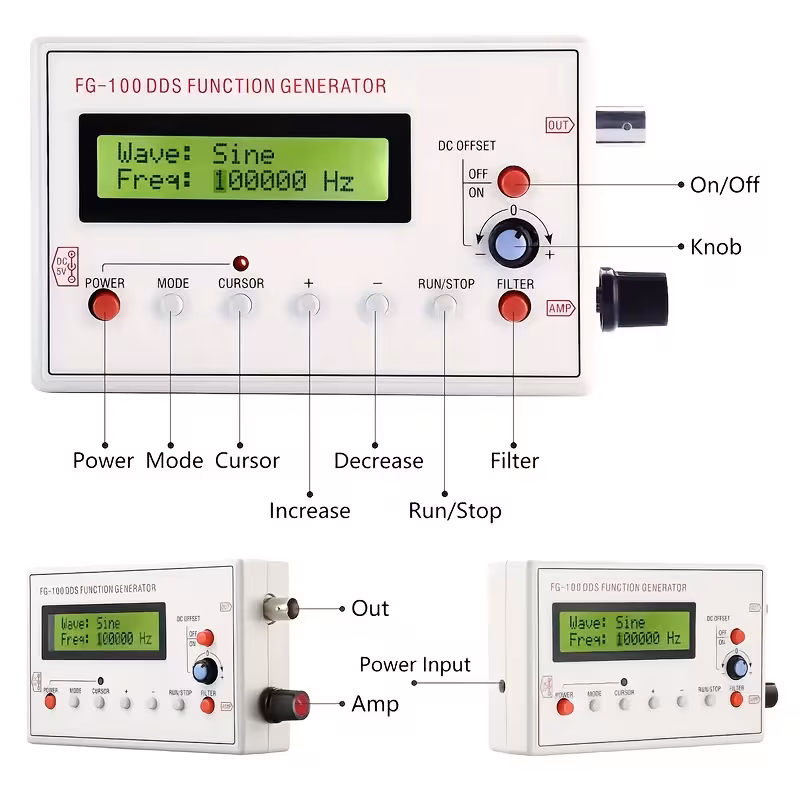 fg 100 dds generator with frequency counter 1hz to 500khz sine square sawtooth usb powered portable design for electronics testing source module Product details 2