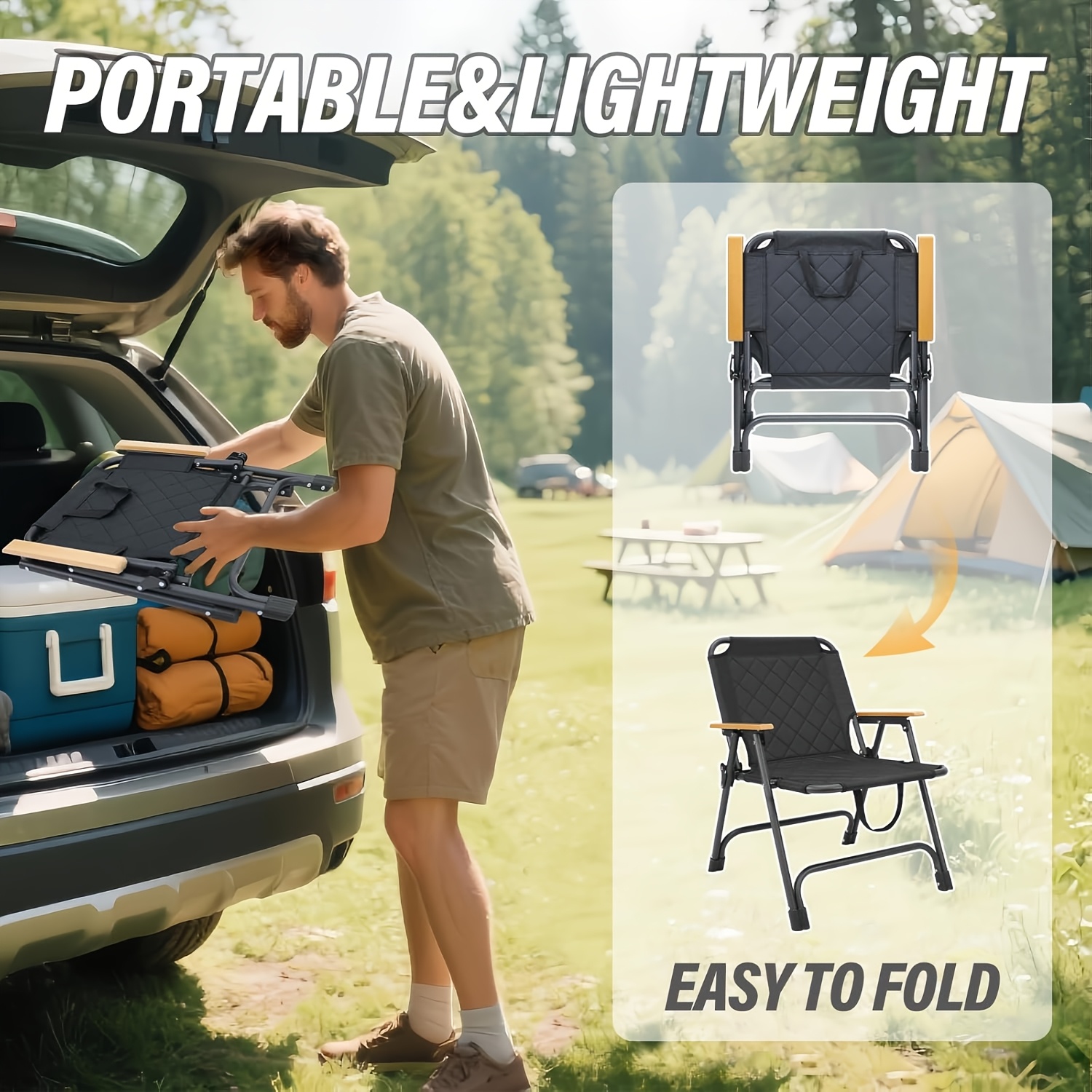 1pc Outdoor Foldable Portable Camping Chair with Armrests, Patio Folding Armchair, Beach Vacation Travel Beach Chair, Supports 300 Lbs, Suitable for Camping, Beach, Fishing, Hiking, Patio Use