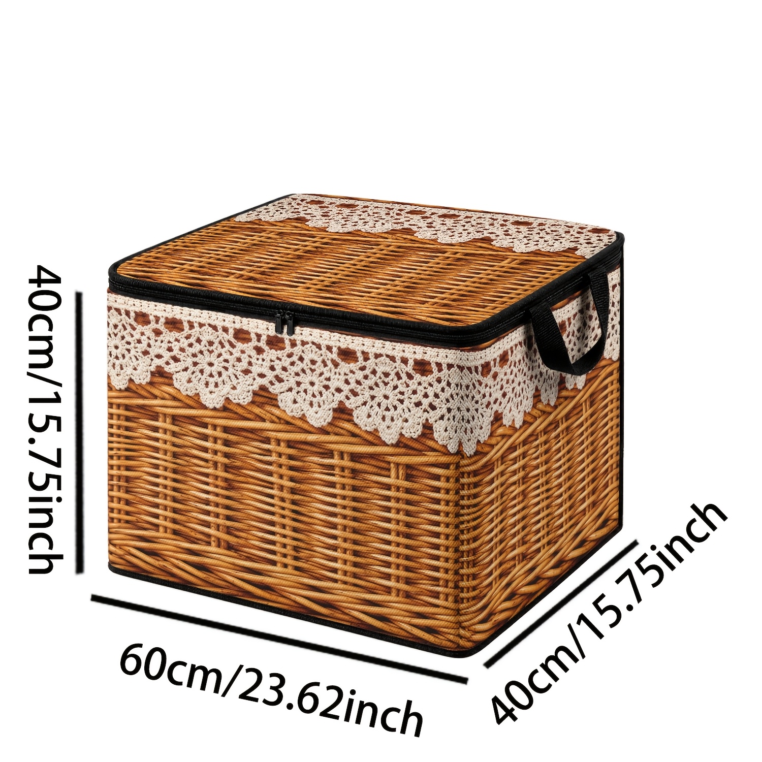 TEMU 1pc Wicker Basket Lace Trim, 2d Flat Printed Natural Pastoral Theme Large Capacity Storage Box, Country Retro Style Foldable Storage Bin, With