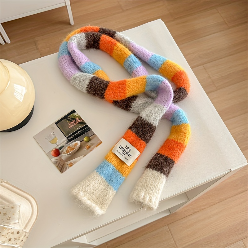 New Scarf For Women, Fashionable Rainbow Stripe Splicing Color Contrasting Long Strip Cute Narrow Scarf