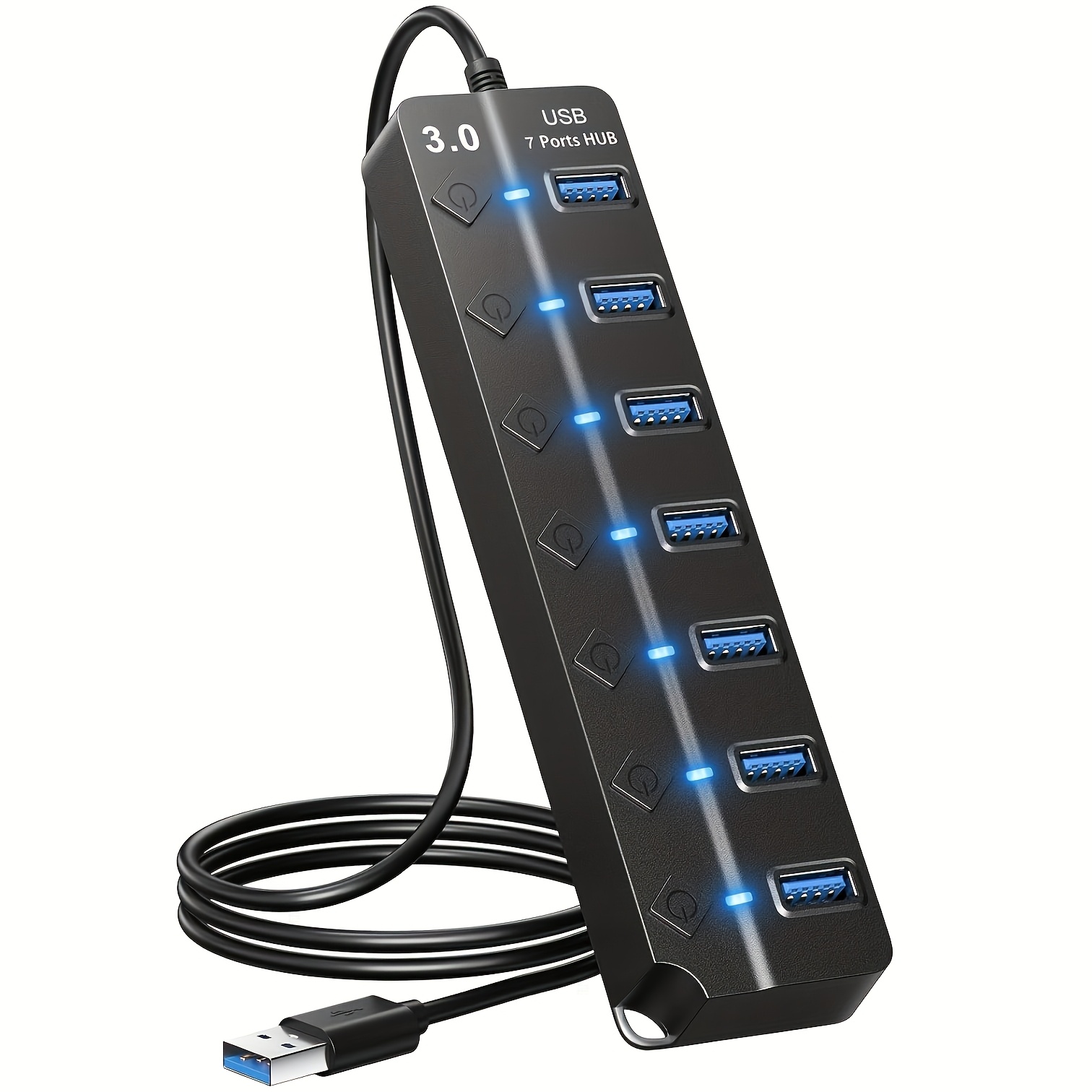 

1pc 7-port Usb 3.0 Splitter With Individual Switches And Led Indicators, 3.2ft Cable, Compatible With Macbook, Laptop, , Ps4, Pc, Flash Drives, Mobile Hdd - Usb Powered 5v