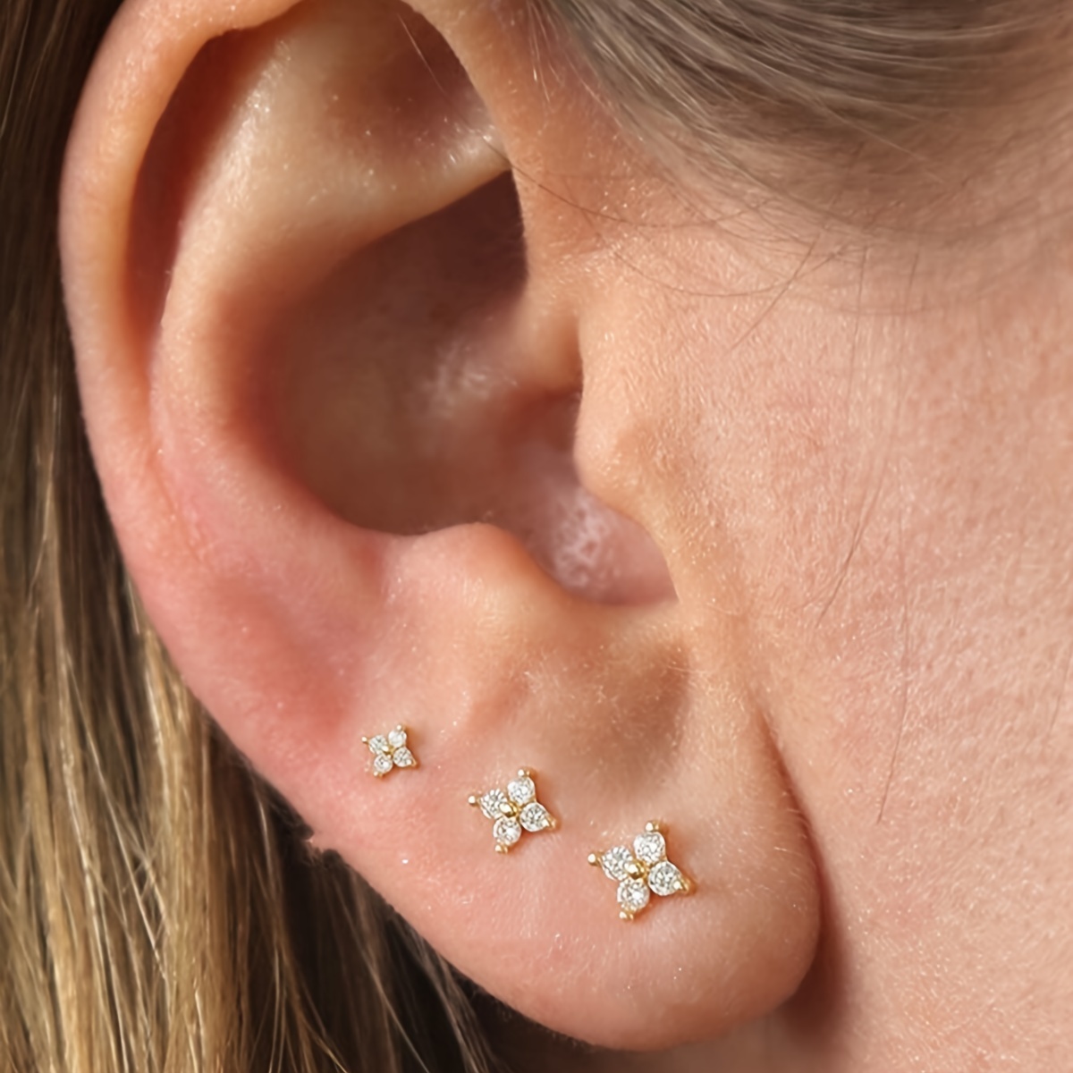 Image of 3pcs Set Of Mini Ear Studs With Stainless Steel Inlaid Synthetic Zirconia Design, Elegant And Cute, Suitable For Occasions, ,, And Attending Parties