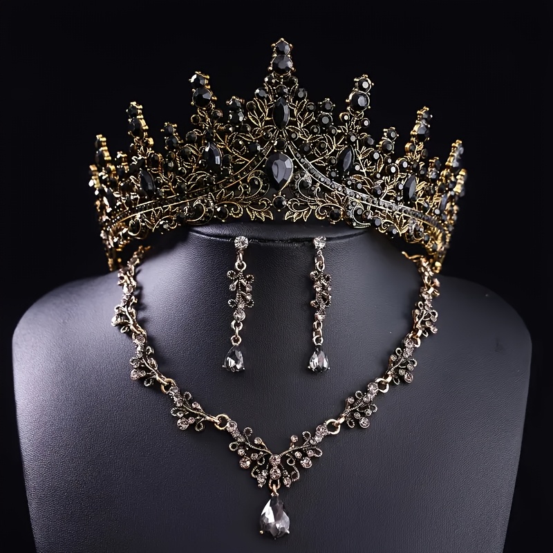 TEMU 4pcs Vintage Baroque Crown Accessory Set Black Rhinestone Bridal Wedding Crown Necklace Earrings Set Gothic Style Halloween Costume Headpiece