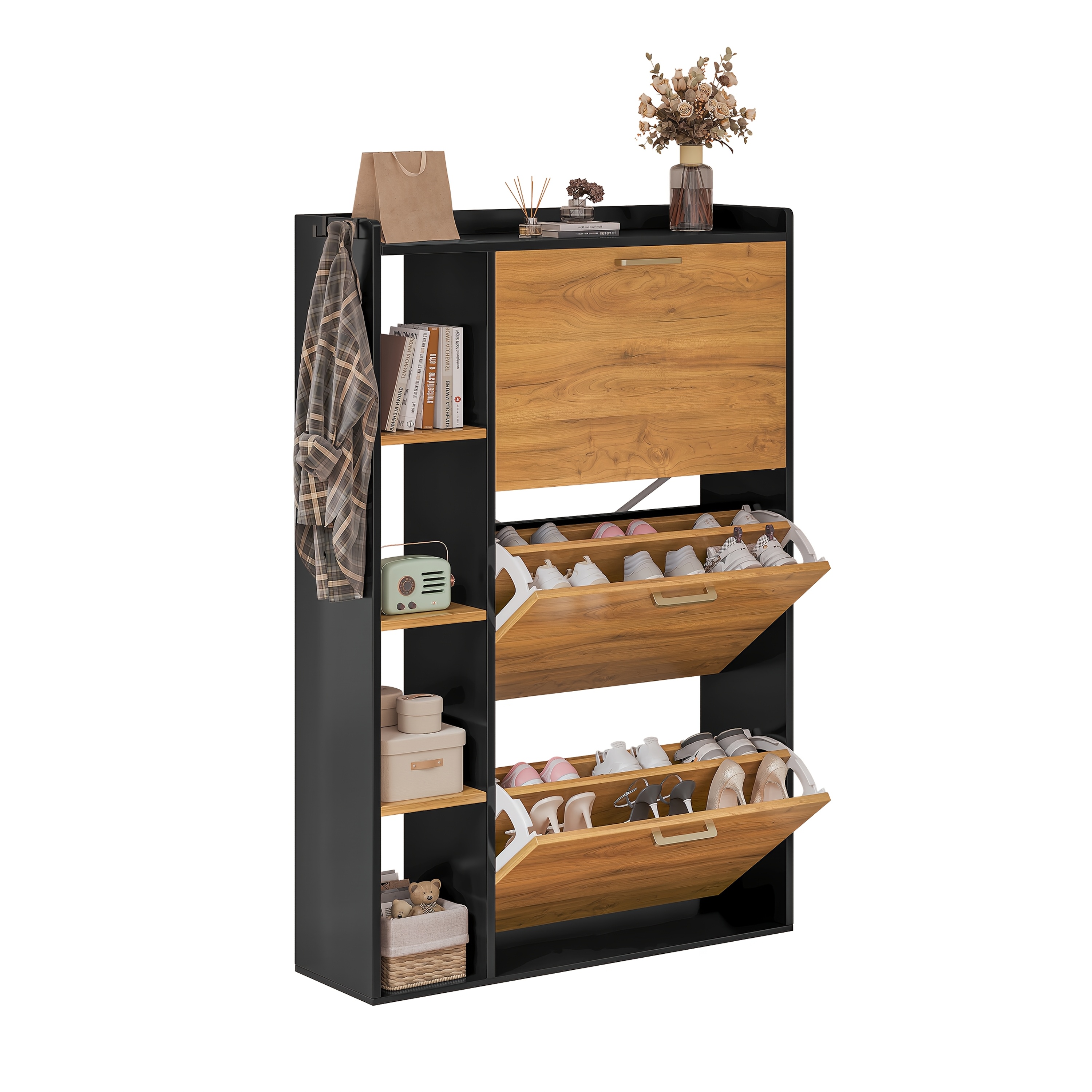 Shoe Cabinet Wood With 3 Doors Shoe Cabinet Narrow Shoe Rack Shoes Anti-tilt Device For Entrance Area Hallway Black