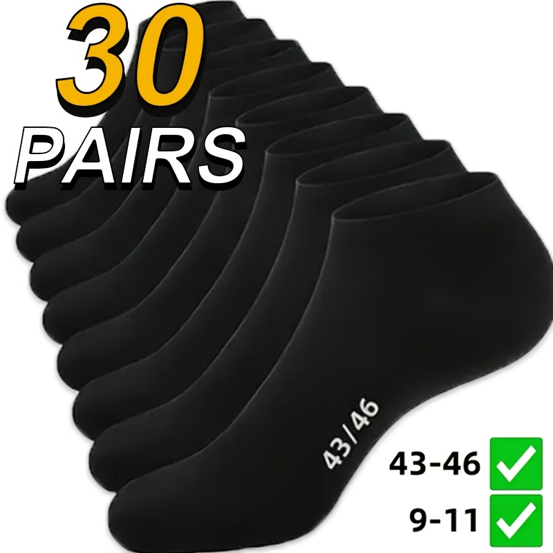 TEMU 30 Pairs Men's Black Ankle Socks - High Elasticity Warm Winter Casual Socks Cross-border Plus Size 43-46 (9-11), Solid Color, Hand Wash , Ideal
