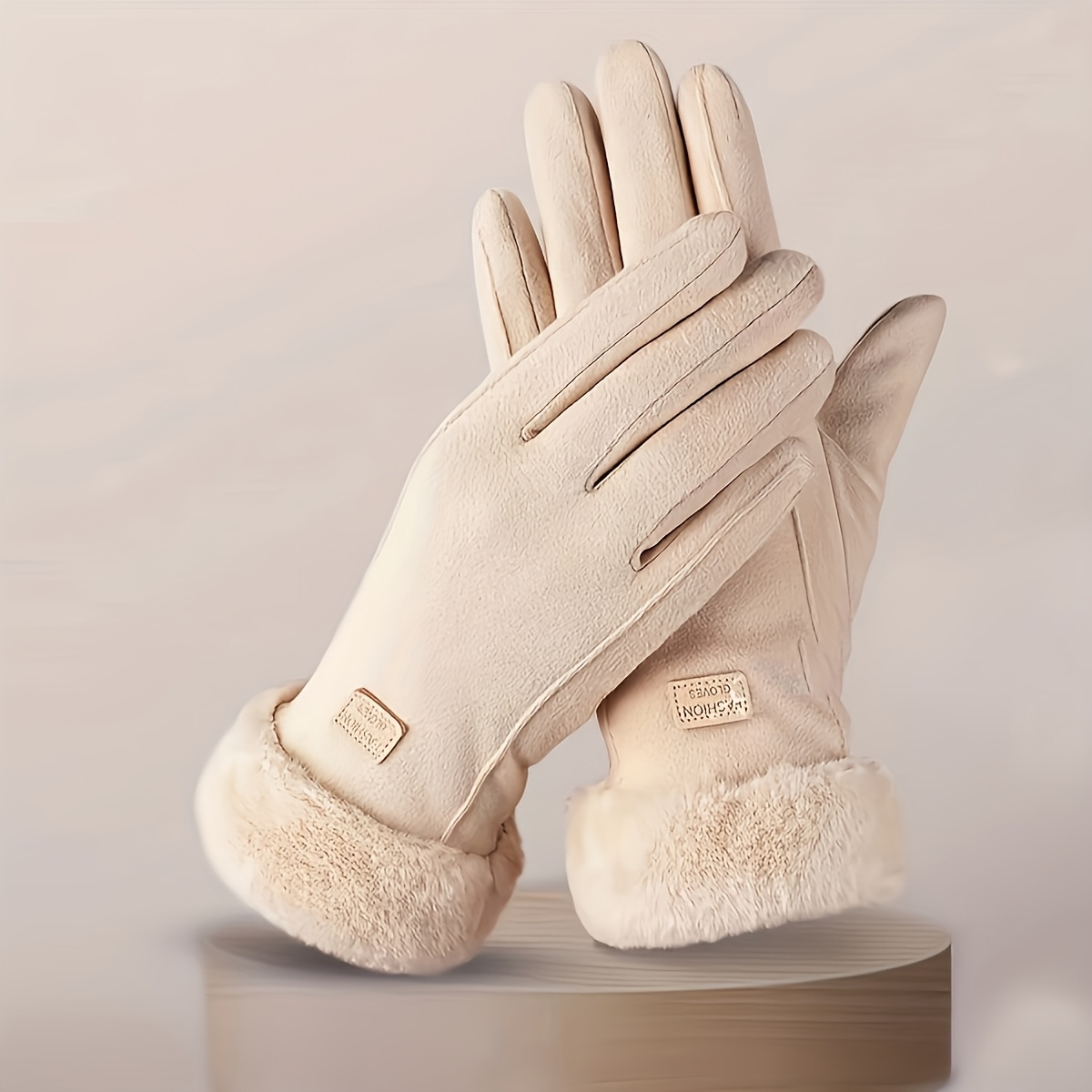 

Women's Cozy Beige Touchscreen Gloves - Thick Plush Lined, Full Finger Winter , Rice Color