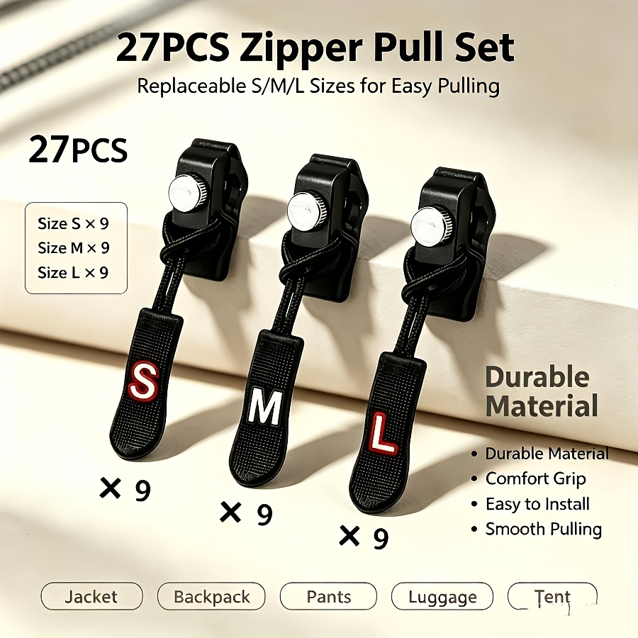 TEMU 27pcs Zipper Repair Kit, Includes 3 Sizes, Detachable Zipper Pulls, Easy Replacement For Quick Repairs On Luggage, Bags, Backpacks, And Clothing