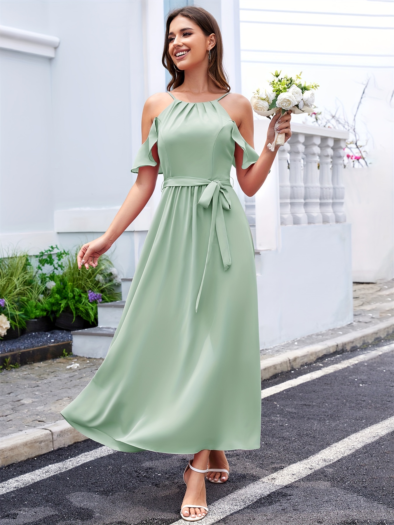 Women V Neck Wrap Ruffle Dress Chiffon High-Low Midi Dress Summer Casual  Flowy Maxi Dress Formal Wedding Guest Dress