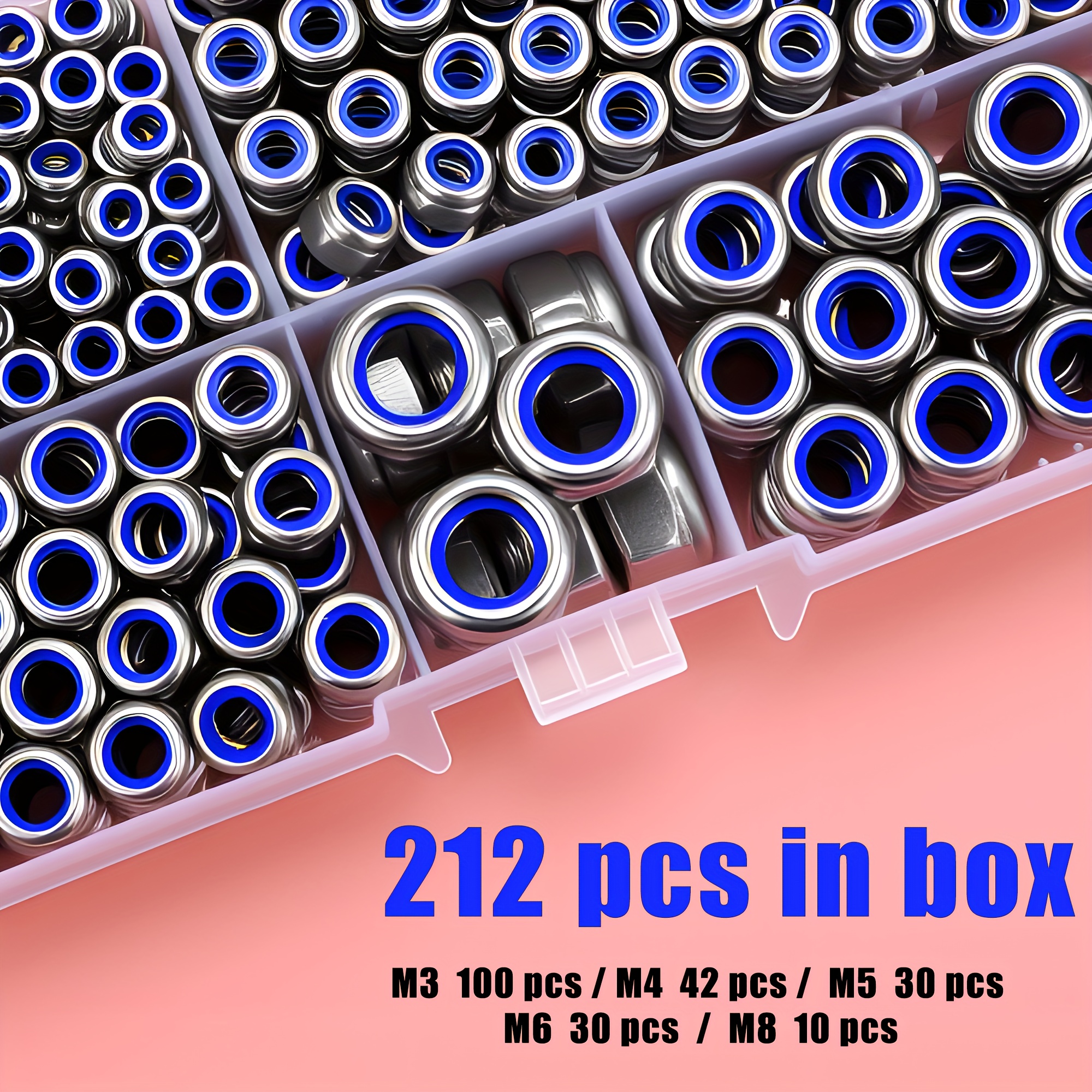 E-shop 212-teiliges Edelstahl-Metrisches Sicherungsmutter-Set, Nylon-Einsatz Sechskant-Sicherungsmuttern M3 M4 M5 M6 M8 für Unterlegscheiben, Polierte