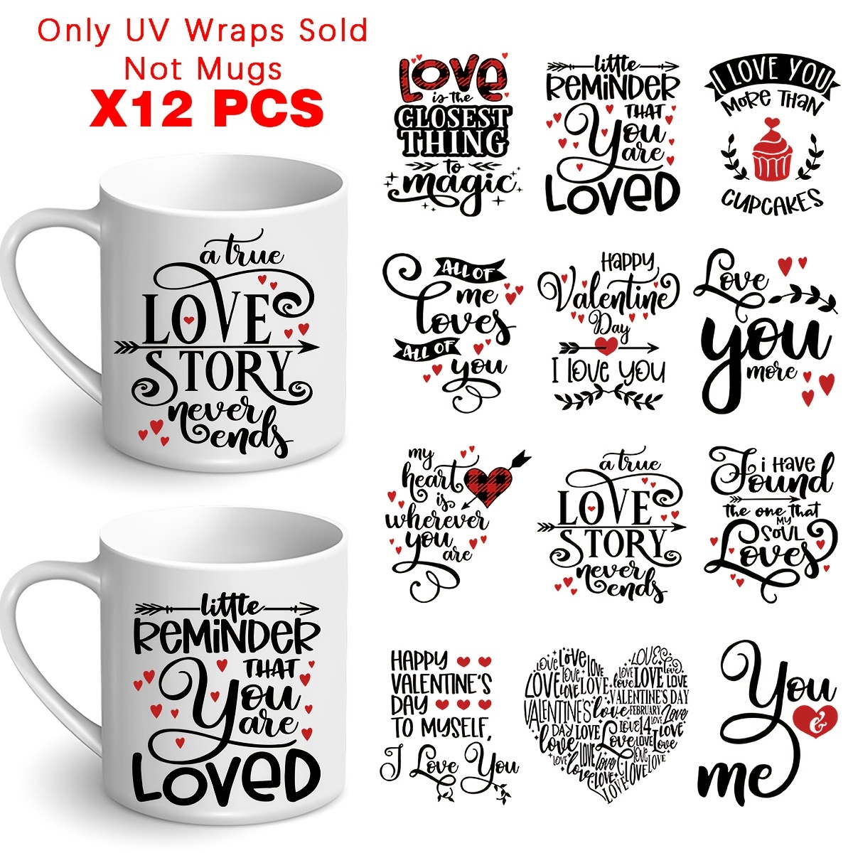 

12pcs Valentine's Day Mug Decals - Uv Dtf Plastic Transfer Paper, Waterproof & -resistant, Self-adhesive For Diy Tumblers, Ideal Gift For Family