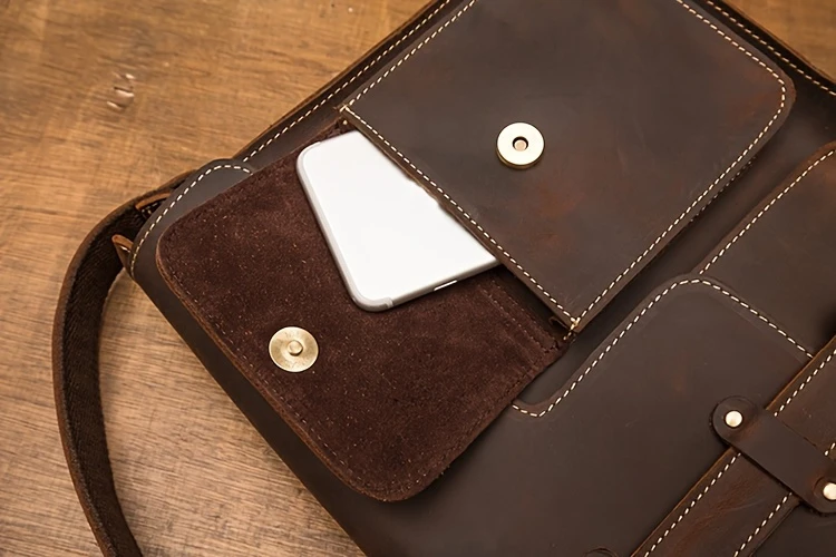 mens vintage style genuine leather messenger bag with adjustable strap casual handcrafted crossbody satchel with multiple pockets scratch repairable daily accessory details 12