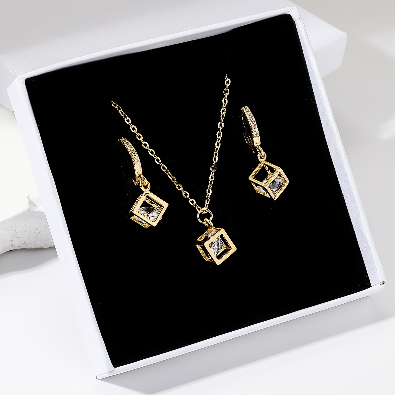 Image of Golden Zirconia Jewelry Set, Necklace And Earrings, Minimalist Style For Daily And Dating Wear