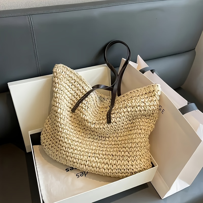 

Large Woven Rattan Shoulder Bag For Women - Spacious Tote With Brown Handles, Casual Straw Purse For Travel & Use, Beach Bag