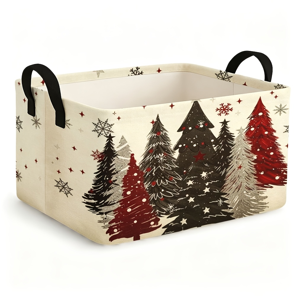TEMU 1pc Open Storage Bins Rustic Christmas Tree Storage Baskets, Beige Background Red Hand Drawn Pine Trees Snowflakes Stars Vintage Pattern