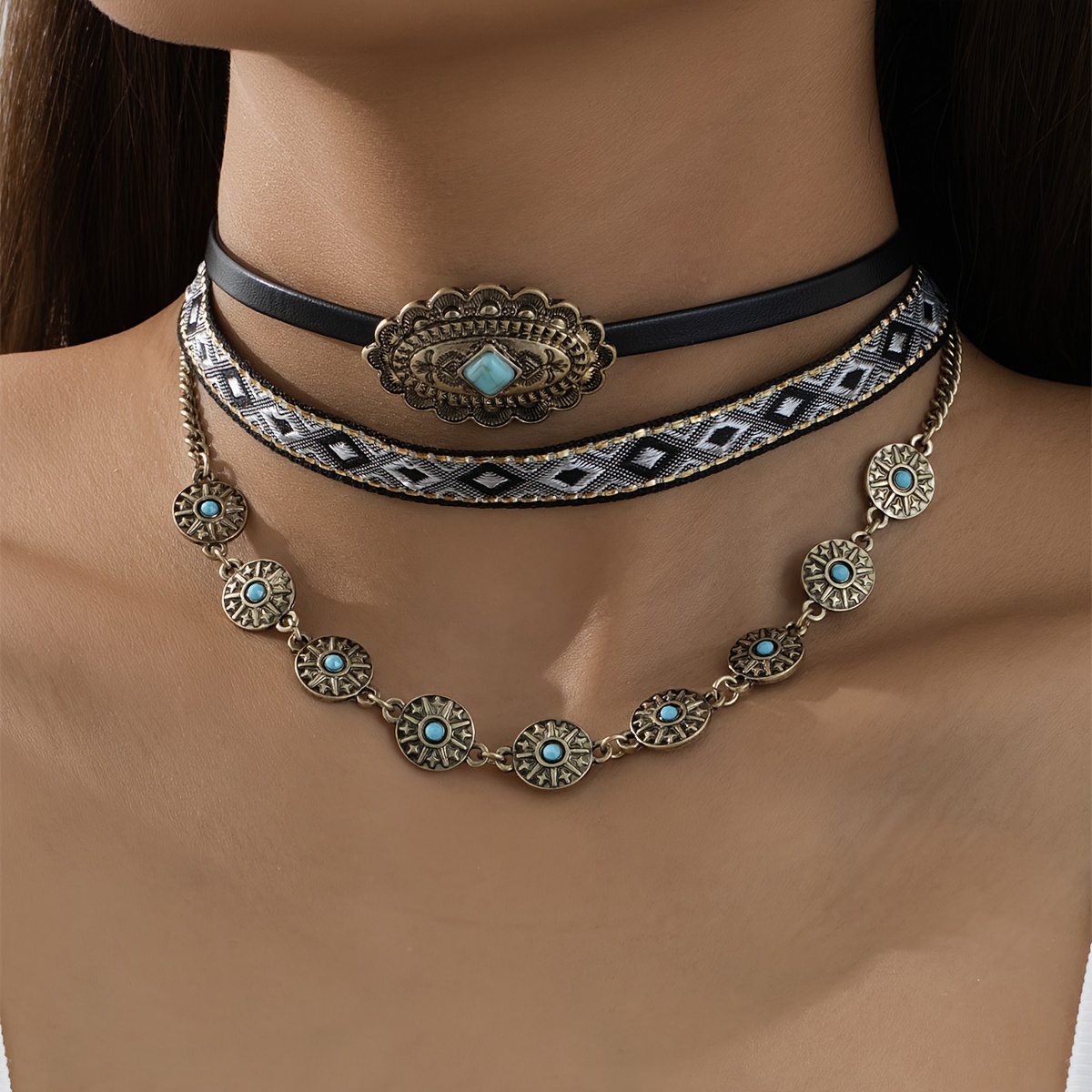 E-shop 3-teiliges Vintage-Western-Stil-Legierungs-Türkis-Gurtband-Halsketten-Set für den täglichen Gebrauch von Damen