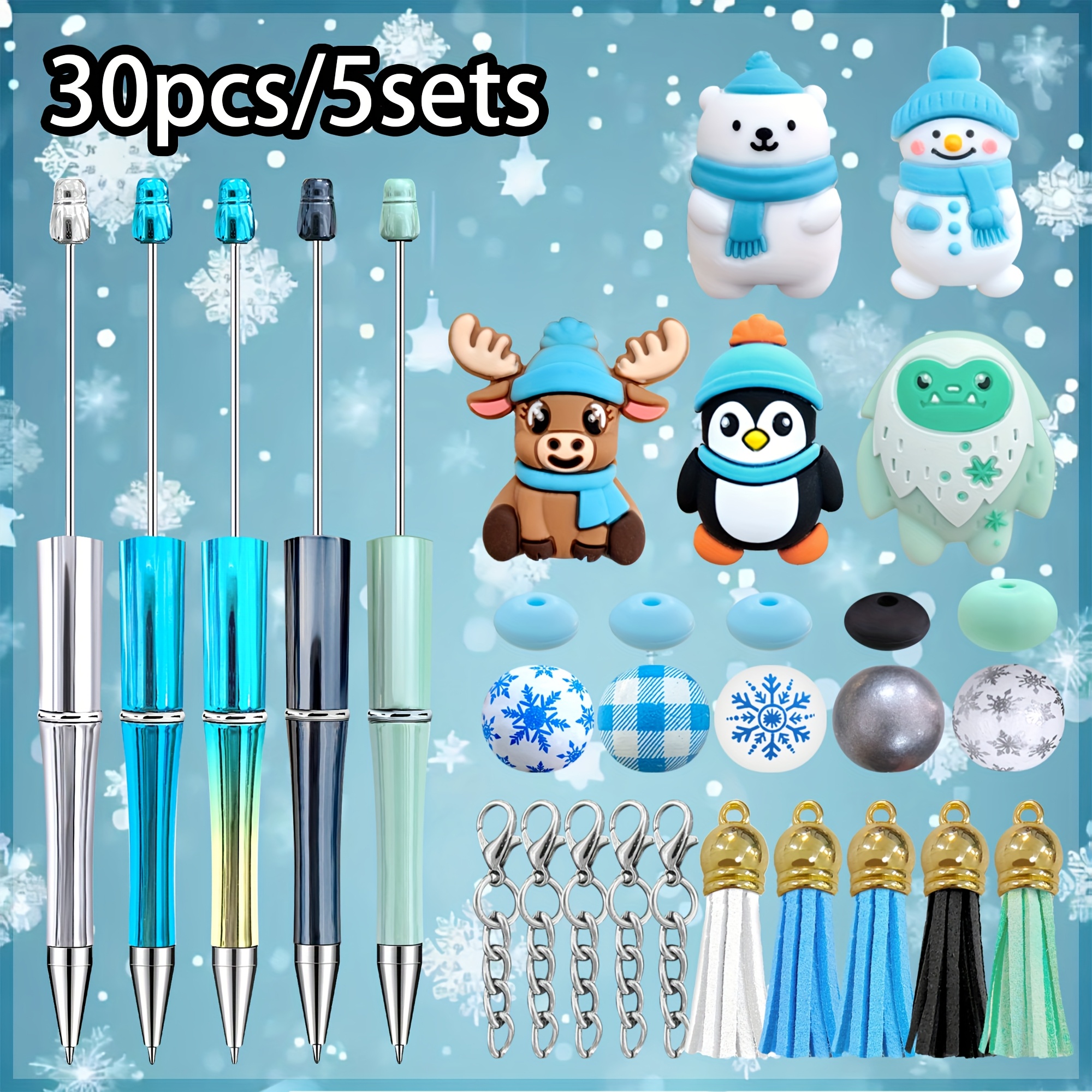 TEMU 30pcs/5sets Ballpoint Pen Beaded Pen Winter Snowman Elk Penguin Snowman Polar Bear Styling Silicone Decorative Beads Snowflake Printed Wooden