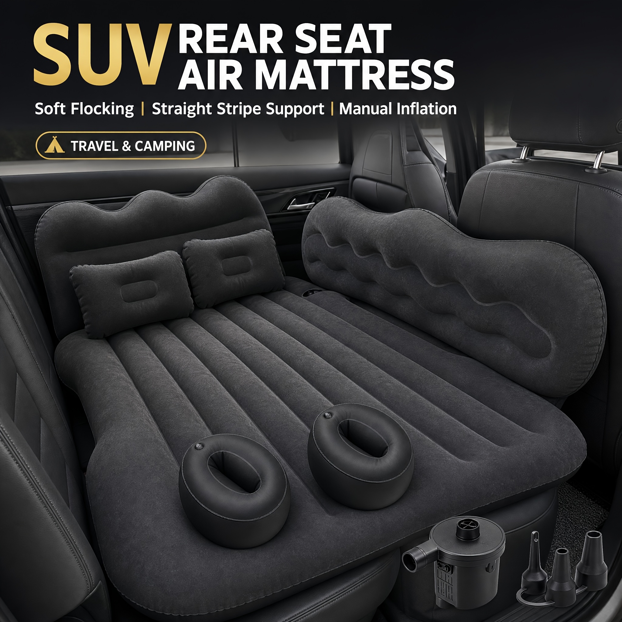 Image of Inflatable Car Mattress For Suv Rear Seat, Flocking Camping Bed With Air Pump, Universal Fit For Travel & Outdoor Use, Black