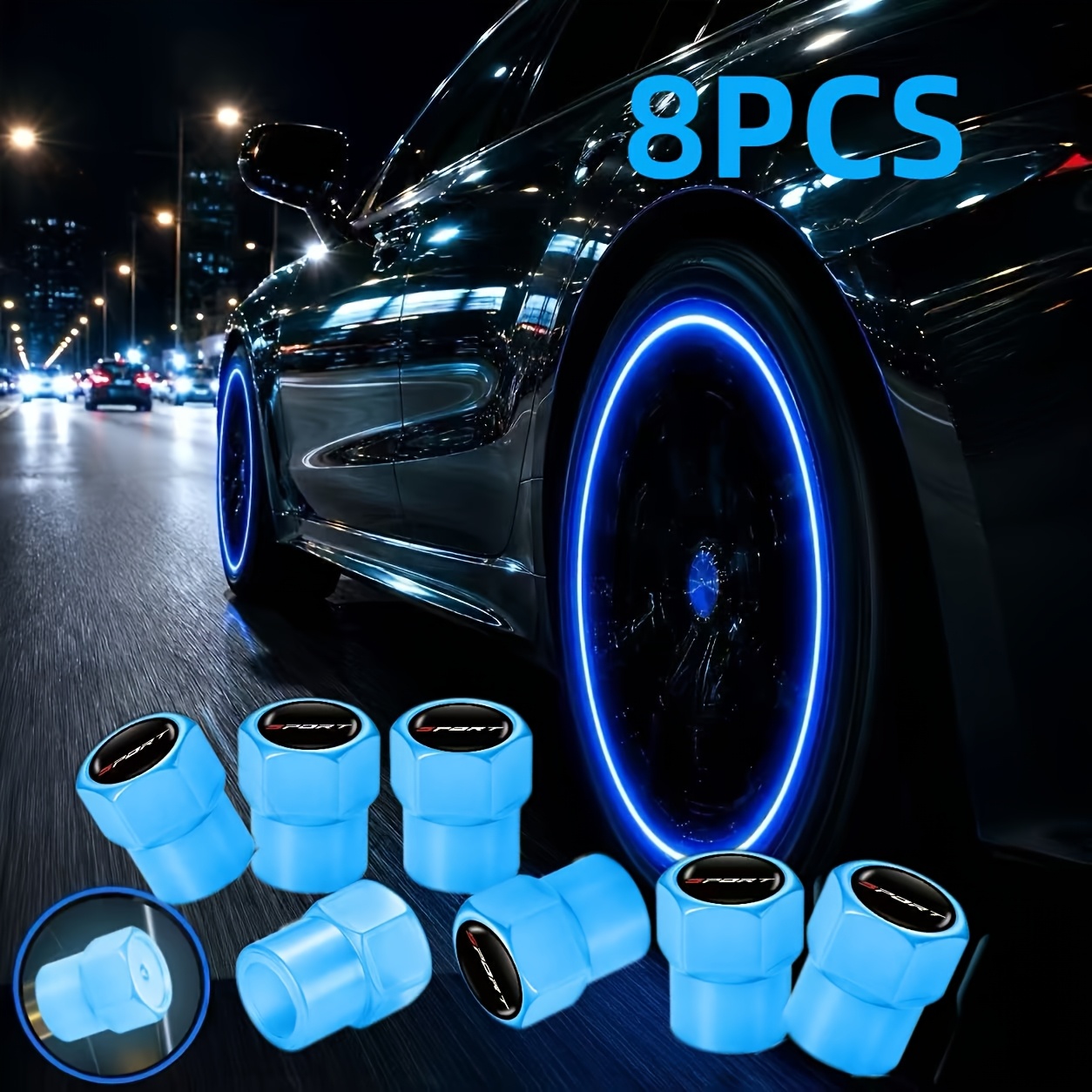TEMU New Style Luminous Valve Caps With Car Patterns, Upgraded Appearance, Premium 8pcs Set. Suitable For Types Of Vehicles Including Cars, Sedans,