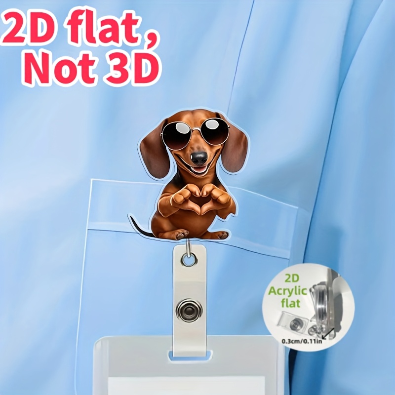 TEMU 2d Flat, A Dachshund With Glasses Making A Heart Gesture, A Retractable Badge Reel Holder Made Of 2d Acrylic, Suitable For Nurses, Nursing Name Tags, Medical Students, Doctors, Nurses
