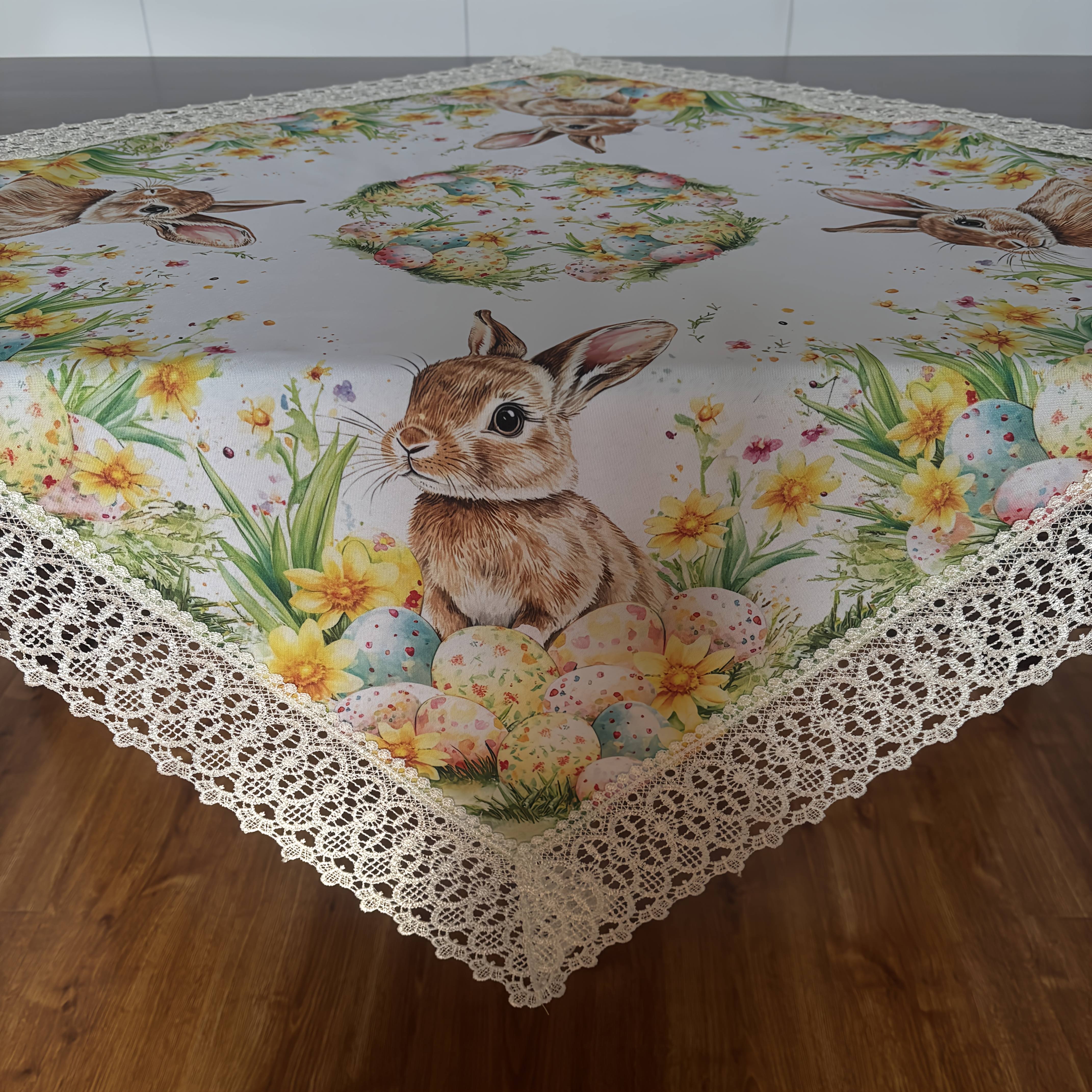 Spring Easter White Lace Rabbit Printed Table Runner | Polyester Easter Decorative Cloth Tablecloth For Kitchen And Restaurant Spring Holiday Decor