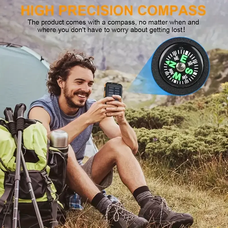 2-pack!10000mah solar power bank with usb-c input, dual usb output, built-in compass and led flashlight - portable emergency backup battery suitable for hiking and outdoor activities Product details 2