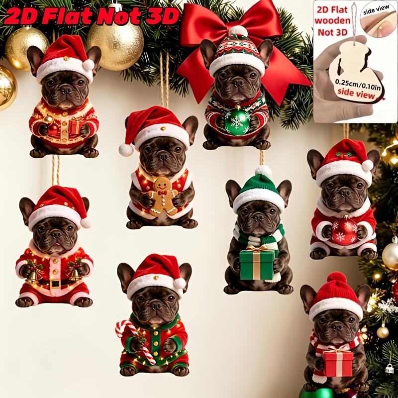 TEMU 2d Flat - 8pcs Cute French Bulldog Christmas Ornaments With Different Christmas Outfits - 2d Flat, Not 3d | , From Wood | Suitable For Christmas