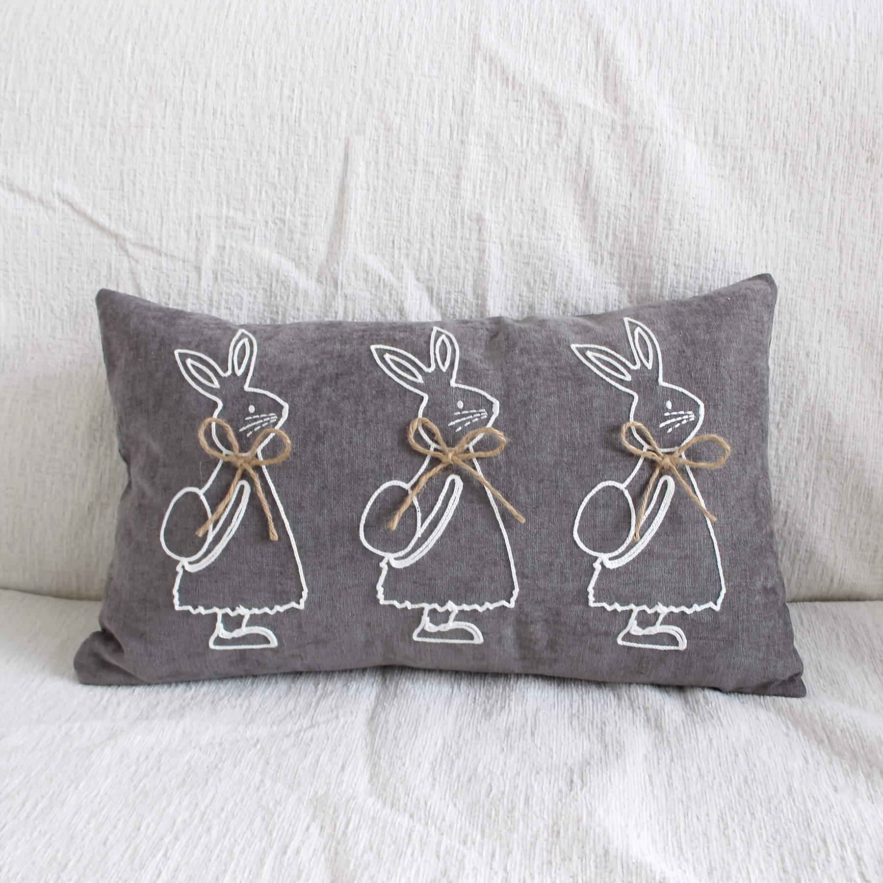 Image of 1ps Embroidered Silhouette Bunny Decorative Cushion Cover | Bohemian Style, Polyester, Machine Washable, Zipper Closure, Natural Jute Rope Bow, Suitable For Room Types